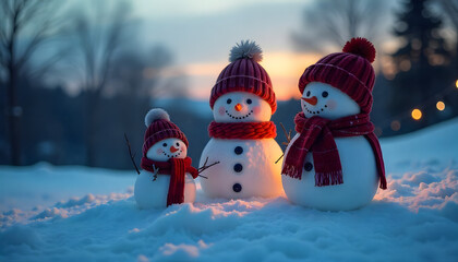 Winter's Embrace: A charming tableau of three snowmen, adorned with cozy winter wear, bask in the soft glow of a twilight scene, their presence a symbol of winter's warmth.