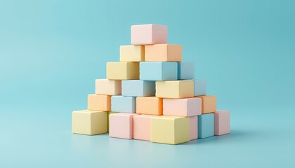 Stack of simple colorful cubes against a light background showcasing a pyramid structure for creative concepts and design elements