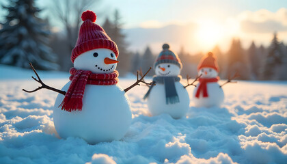 Festive Snowman Gathering: Charming snowmen, adorned with winter accessories, stand in a snowy landscape, celebrating the joyous spirit of the season.