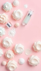 Delicate pastel confectioneries and skincare bottle elegantly arranged on a soft pink backdrop, creating a serene and inviting visual