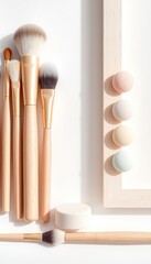 Elegant arrangement of wooden handled application brushes and colorful sponges against a bright minimalist backdrop