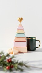 Abstract holiday composition featuring pastel colored geometric blocks arranged in a tree shape with a golden heart on top