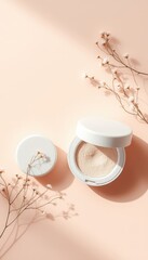 Minimalist beauty still life featuring elegant cosmetic powder compacts and delicate floral accents on a soft pastel surface