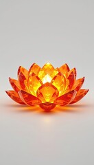 Illuminated orange crystal lotus flower with faceted petals emits a soft light, reflecting on a clean, bright background