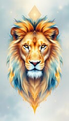 Golden Lion's Majestic Gaze A Detailed Portrait Featuring Intricate Geometric Design Elements and a Soft, Dreamy Background