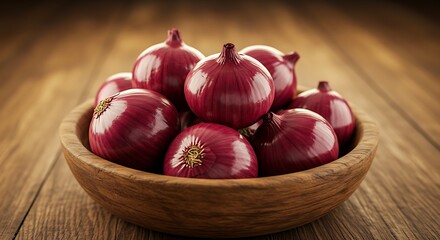 Red Onions in Wooden Bowl on Rustic Table Surface