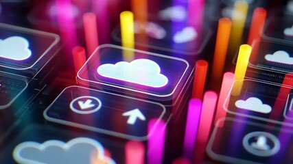 Colorful abstract representation of cloud technology with vibrant lights and digital icons in background - Powered by Adobe