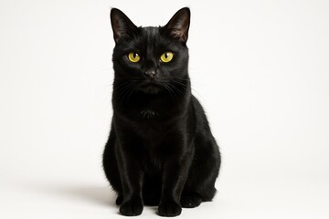 Black cat sitting isolated on white with bright eyes sleek fur and soft shadow