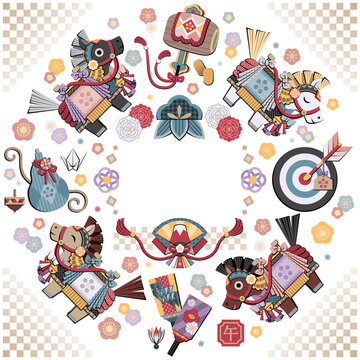 午年イラスト年賀デザイン「チャグチャグ馬コと縁起物」正方形コピースペース（Year of the Horse illustration New Year's design "Chagu Chagu Umako and lucky charms" square copy space.）