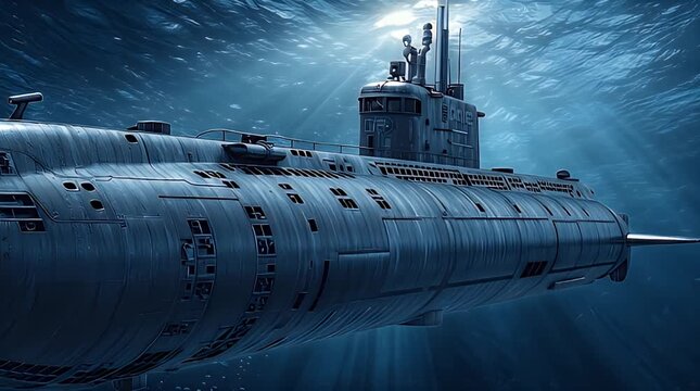 A submarine navigates through a deep sea, its form highlighted by a sunlit surface above