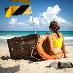 Girl in yellow top sits with lifebuoy on beach now