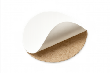 Round white sticker peeling revealing textured brown adhesive backing, isolated on a transparent background