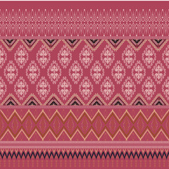 Thai geometric fabric pattern art, abstract, ethnic, pink, red background, Thai pattern for textile, clothes, curtains, carpets, pillows, bags, decorations, vector illustration.