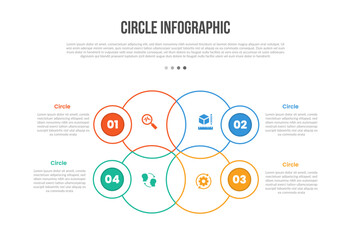 Circle base shape infographics template diagram with circle combination on quadrant structure with 4 point step creative simple flat outline