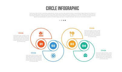Circle base shape infographics template diagram with puzzle connection up and down with 4 point step creative simple flat outline