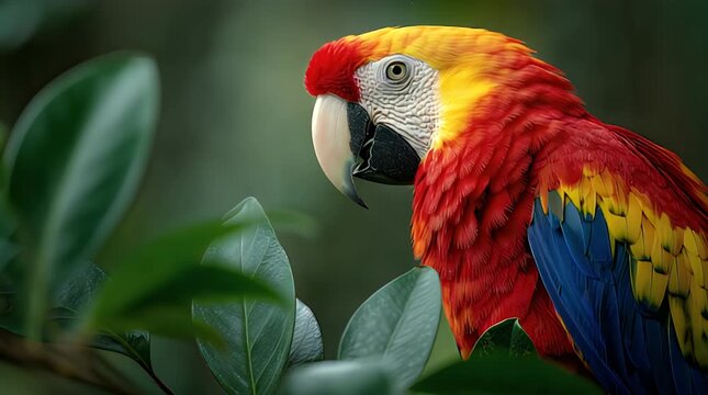 A vibrant parrot with striking red, yellow, and blue plumage perches amongst green leaves, gazing