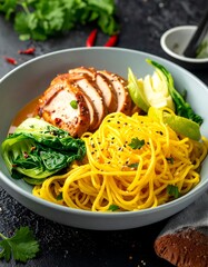 Glazed chicken and noodles with fresh greens