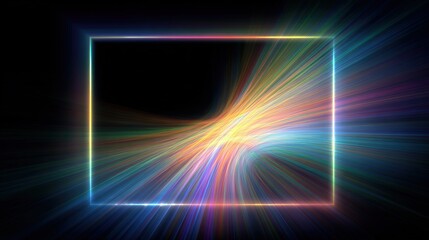 A black background with a glowing neon-like square framing colorful light beams radiating outward