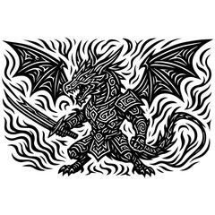 Tribal Dragon Samurai Warrior with Sword and Flames – Black and White Tattoo Design
