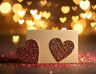 Glittery hearts on a card with heart bokeh lights