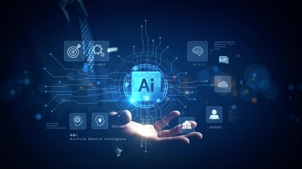 Futuristic AI interface with icons of machine learning, cloud, brain, and network above a businessman’s hand, illustrating AGI and digital intelligence. - Powered by Adobe