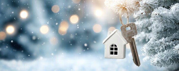 A festive keychain featuring a house and key, set against a snowy background with warm, glowing lights, evoking a cozy winter atmosphere.