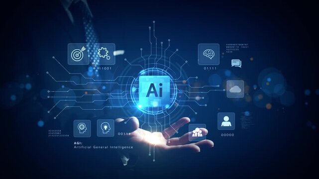 Futuristic AI interface with icons of machine learning, cloud, brain, and network above a businessman&rsquo;s hand, illustrating AGI and digital intelligence.
