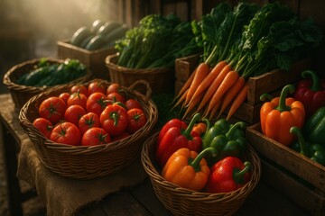 Colorful fresh vegetables at rustic market stall with morning light and rich textures