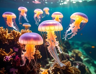 Glowing jellyfish swim in a vibrant ocean scene