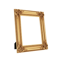 Ornate gold picture frame evoking vintage elegance and decorative sophistication on isolated
