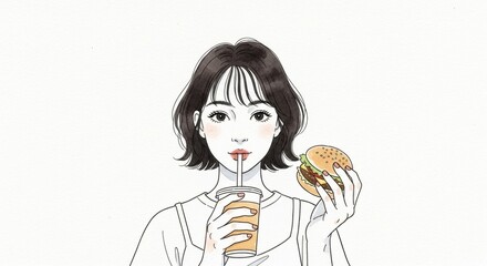 ハンバーガーとドリンクを持つ女性のアニメ風イラスト  