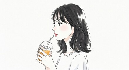 ジュースを飲む女性のアニメ風イラスト 