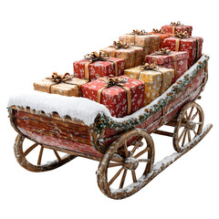 Festive wooden sleigh overflowing with a large assortment of beautifully wrapped christmas presents and gifts isolated on transparent background