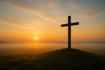 Naklejka premium Dawn silhouette of cross on hill with glowing sky and gentle morning mist
