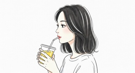 ジュースを飲む女性のアニメ風イラスト 