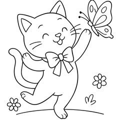 Cute vector cartoon illustration of a happy kitten character smiling with a butterfly