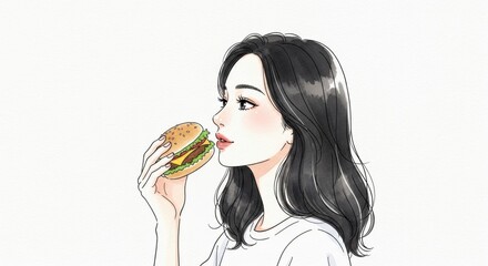 ハンバーガーを食べる女性の横顔イラスト 