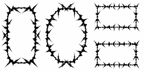 Collection of four unique black thorny barbed wire frames and borders with sharp spikes