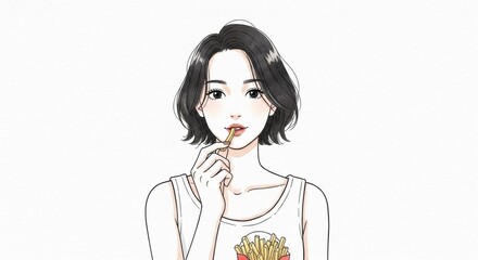 フライドポテトを食べる女性のアニメ風イラスト 