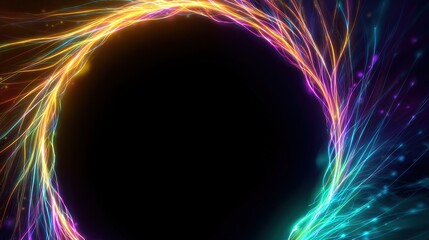 A vibrant ring of light swirls around a black void, with colorful streaks and particles