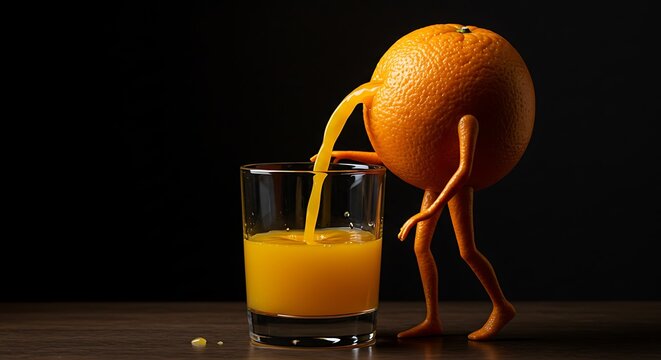 Orange Character Pouring Fresh Juice Into Glass on Wooden Surface