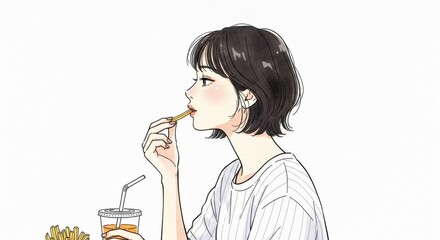 フライドポテトを食べる女性のアニメ風イラスト 