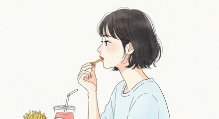 フライドポテトを食べる女性のアニメ風イラスト 