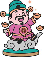 Obraz premium Cartoon Style God of Wealth Holding Gold Ingots Sitting on Cloud Illustration