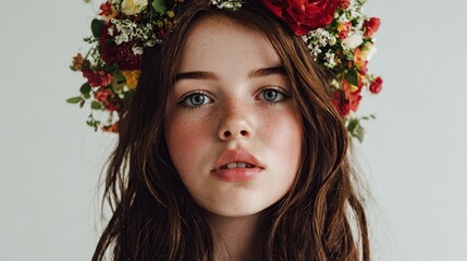 A young woman with blue eyes and freckles wears a floral crown, staring directly at the camera