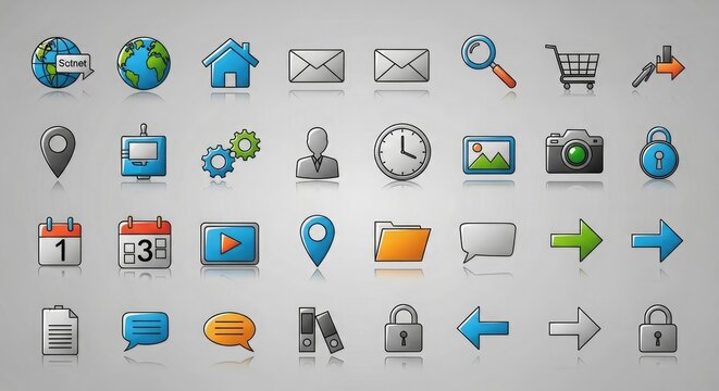 Icons web design interface user interface vector graphic symbol set blue gray orange green ui ux design elements - Powered by Adobe