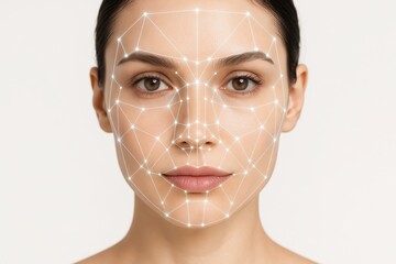 Futuristic facial mapping for skincare with wireframe landmarks and soft analysis glow