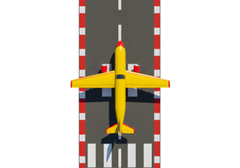 Yellow airplane on runway isolated on transparent background