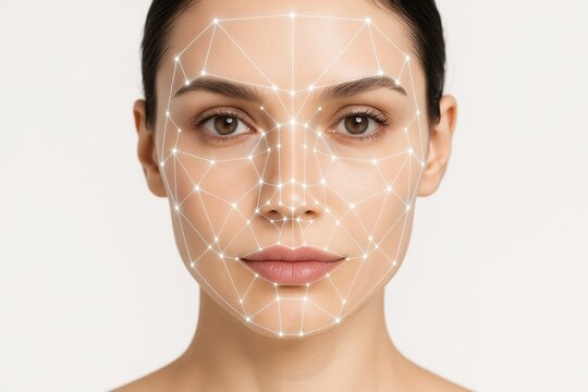 Futuristic facial mapping for skincare with wireframe landmarks and soft analysis glow