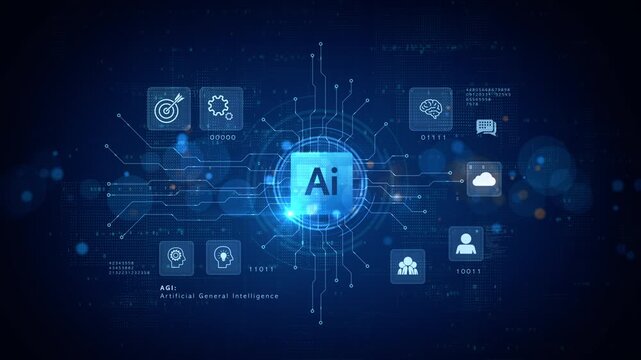 Artificial General Intelligence (AGI) Technology Interface with AI Symbol and Data Network Connection on Blue Futuristic Background